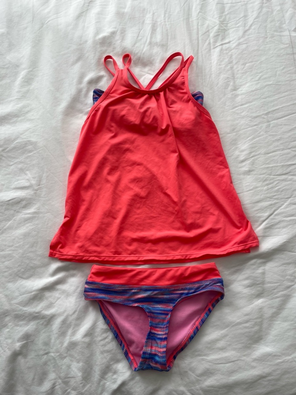 TYR Girls Pink Coral Tankini Set with Multicolor Stripe Bottoms